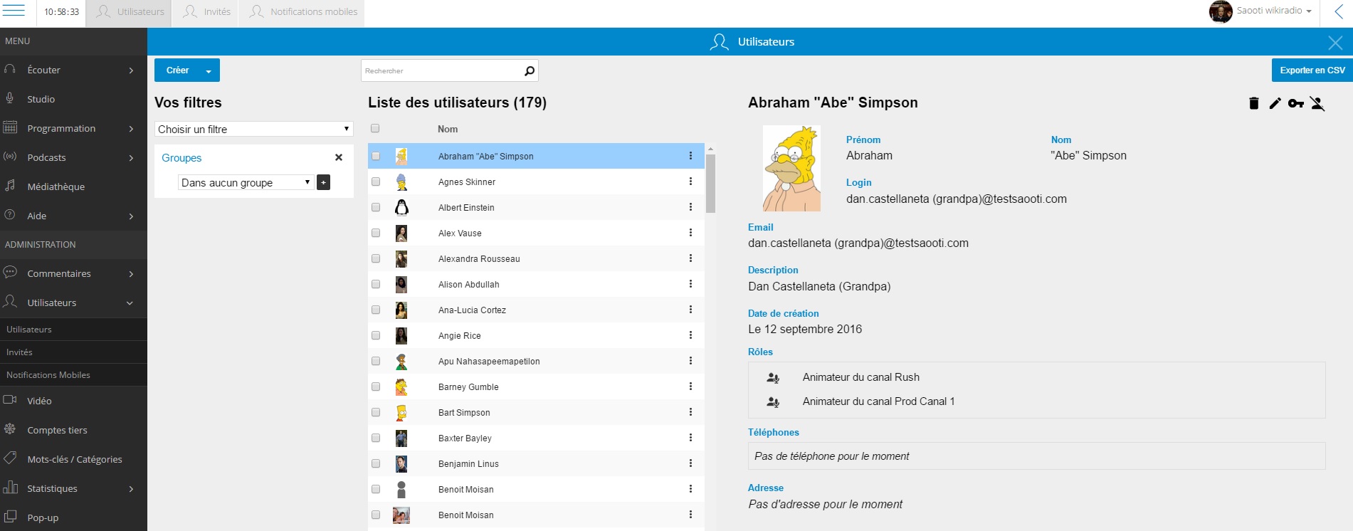 interface de gestion des users